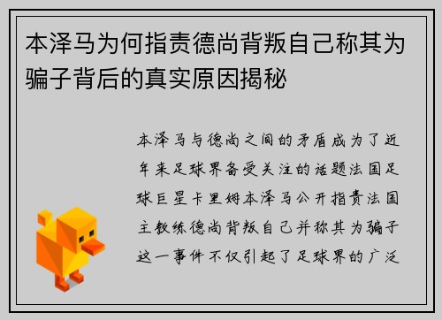 本泽马为何指责德尚背叛自己称其为骗子背后的真实原因揭秘